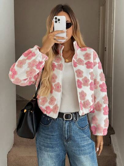 Easowa Women's Elegant Casual/Commuting Floral Sherpa Zip Front Stand Collar Pocket Textured Fabric Warm Jacket For Fall/Winter