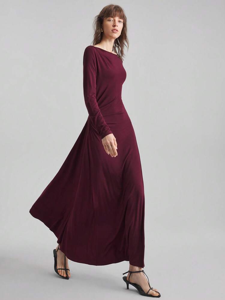 Elegant Split Design, 2025 New Arrival, Women Long Dress, Material, Knitted Fabric, Boat Neck, Long Sleeve, Flared, Purple-Red, Daily Wear, Casual Outfit, Business Commute, Graceful Top Business Casual Women's Clothing Office Clothing Low-Key Old Money Style Effortless Temperament High-End Urban Commuting High-Quality Airport Women's Clothing High-End Material Elegant And Intellectual Female Wedding Guest Dress Outfit And Beautiful French Slouchy High-End Sense Of Intelligence Old Money