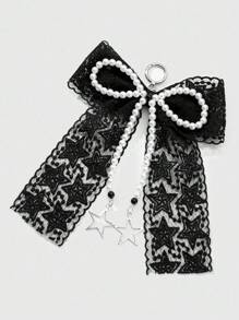 ROMWE Kawaii 1pc Handmade Vintage Goth Style Beaded Keychain/Bag Charm With White Faux Pearl, Black Beads, Hollow Stars, Tulle & Bow, Unique Gift For Women, Girls - Black and White - View 4