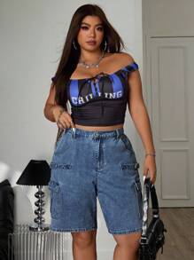 SHEIN ICON Cargo Pocket Tie-Up Detail Print Washed Denim Shorts