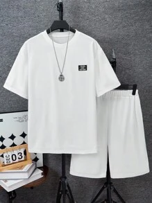 SHEIN 2件套纹理华夫格面料青少年短袖上衣和短裤套装 - 白色 - 查看 3