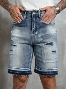 RivetRise Pantalones cortos de mezclilla de verano informales y desgastados con borde crudo para hombres