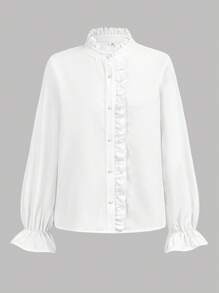 SHEIN 青少年女孩荷叶边领灯笼袖学院风休闲百搭白衬衫，优雅宫廷风白衬衫 - 白色 - 查看 2