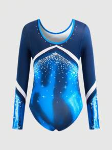 SHEIN Tween Girls Blue & Contrast Color Leotard, Gymnastics, Dance, Artistic Performance & Training, All Season