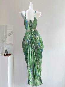 SHEIN LUNE 大码女式 V 领修腰吊带吊带装饰露背连衣裙，节日装，春夏季 - 綠色 - 查看 2