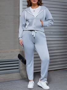 INAWLY Plus Size Women Casual Autumn/Winter Letter Print Hooded Zipper Pocket Sweatshirt Jacket - Grey - View 4