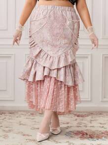 ROMWE EDITION Gonna stile vintage romantico a sirena per taglie forti da donna, in tessuto jacquard con catena di perle e rifiniture in pizzo - Rosa - Visualizzare 1