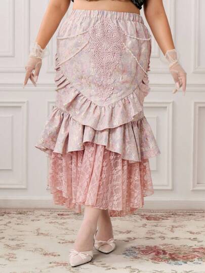 EDITION Women's Plus Size Vintage Palace Romantic Mermaid Skirt, Jacquard Fabric With Pearl Chain & Lace Trim