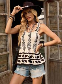 LanaWest Áo ba lỗ họa tiết boho màu be giản dị dành cho nữ, có họa tiết hoa đen phía trước, thiết kế xếp ly, viền bèo nhún, mùa xuân/hè - Màu be - Xem 3