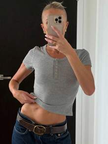 DAZY Women's Gray Half-Zip Fitted Short Sleeve T-Shirt - Grey - View 2