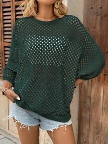 EMERY ROSE 休闲宽松圆领蝙蝠袖镂空针织杏色女毛衣上衣，春秋季 - 墨綠色 - 查看 7