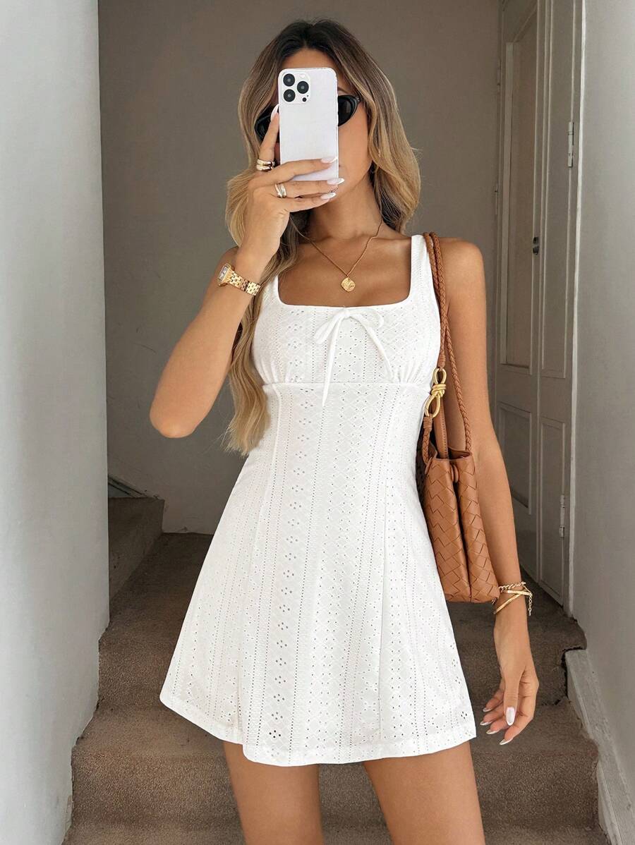 Easowa Váy midi hở lưng không tay bằng vải kết cấu màu trắng dành cho nữ, thích hợp cho phong cách lãng mạn, đồng quê, hẹn hò, ngày lễ vào mùa xuân/hè - trắng - Xem 1