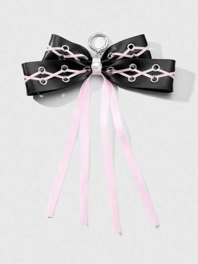 Grunge Punk 1 pieza Estilo gótico retro Y2K, Cordones con ojetes negro, Collar de lazo de perlas falsas, Llavero DIY, Accesorio para bolso, Adecuado para mujeres, Para uso diario o regalo de festival