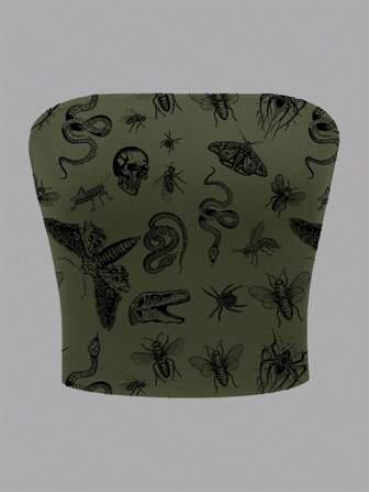 Goth Top tubo para mujeres de talla grande con estampado digital de insectos y esqueleto, estilo callejero y vacacional de verano