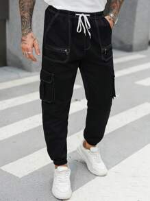 Manfinity Roughcore Men's Solid Color Drawstring Ankle Casual Cargo Pants - Black - View 1