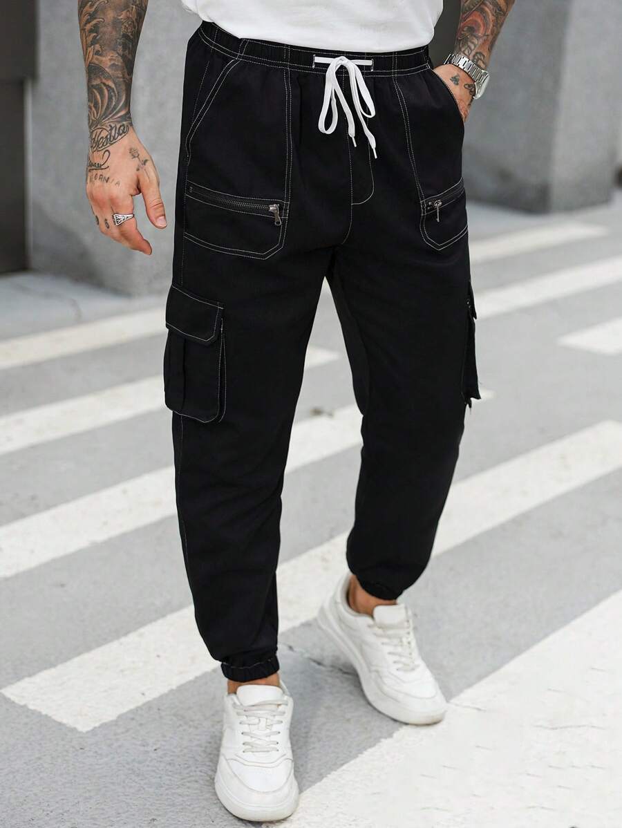 Manfinity Roughcore Men's Solid Color Drawstring Ankle Casual Cargo Pants - Black - View 1