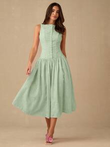 Enchnt Women's Vacation Embroidery & Button Design Sleeveless Elegant Dress - Mint Green - View 1