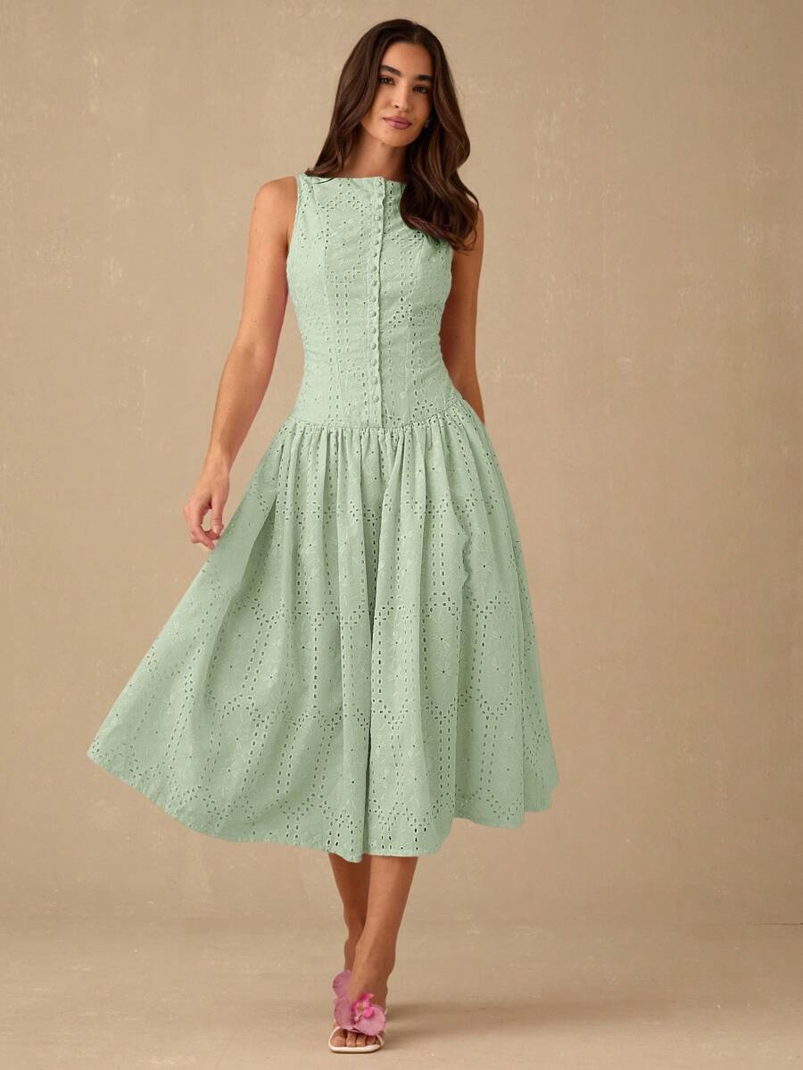 Enchnt Women's Vacation Embroidery & Button Design Sleeveless Elegant Dress - Mint Green - View 1