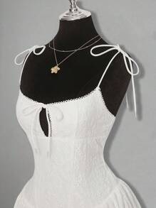 SHEIN ICON Embroidered Skater Dress A-Line Bowknot Waist Lace Panel Detail Mini Dress - White - View 7