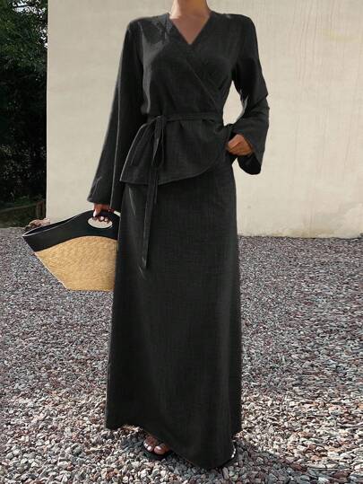 Livesso 女式系带腰上衣和鱼尾裙两件套，夏季