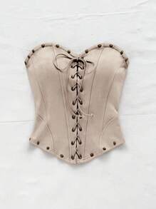 Soleia 性感绒面革抹胸铆钉解构短款上衣，适合节日、约会、下午茶、度假、音乐节、波西米亚风、邮轮、海滩、夏季 - 杏色 - 查看 4