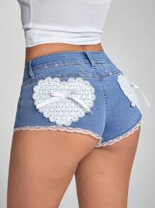 Jeanoix Quần short denim nữ viền ren thời trang cạp siêu thấp - Rửa trung bình - Xem 1
