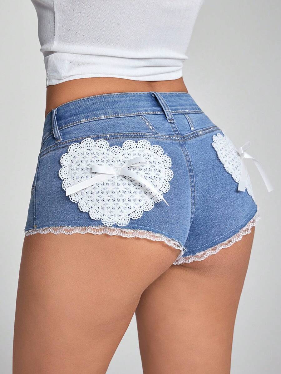 Jeanoix Quần short denim nữ viền ren thời trang cạp siêu thấp - Rửa trung bình - Xem 1