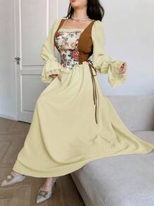 Modelyn Women French Style Square Neck Tie Flare Sleeve Dress - Mustard Yellow - View 6