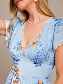 Amorya 女士V领蕾丝拼接雪纺束腰花卉印花长裙，优雅高端感，适合度假、约会、下午茶等各种场合 - 彩色 - 查看 5