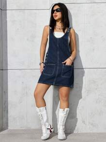 SHEIN PETITE 女式休闲牛仔连衣裤，双口袋，纽扣设计 - 藍色 - 查看 6