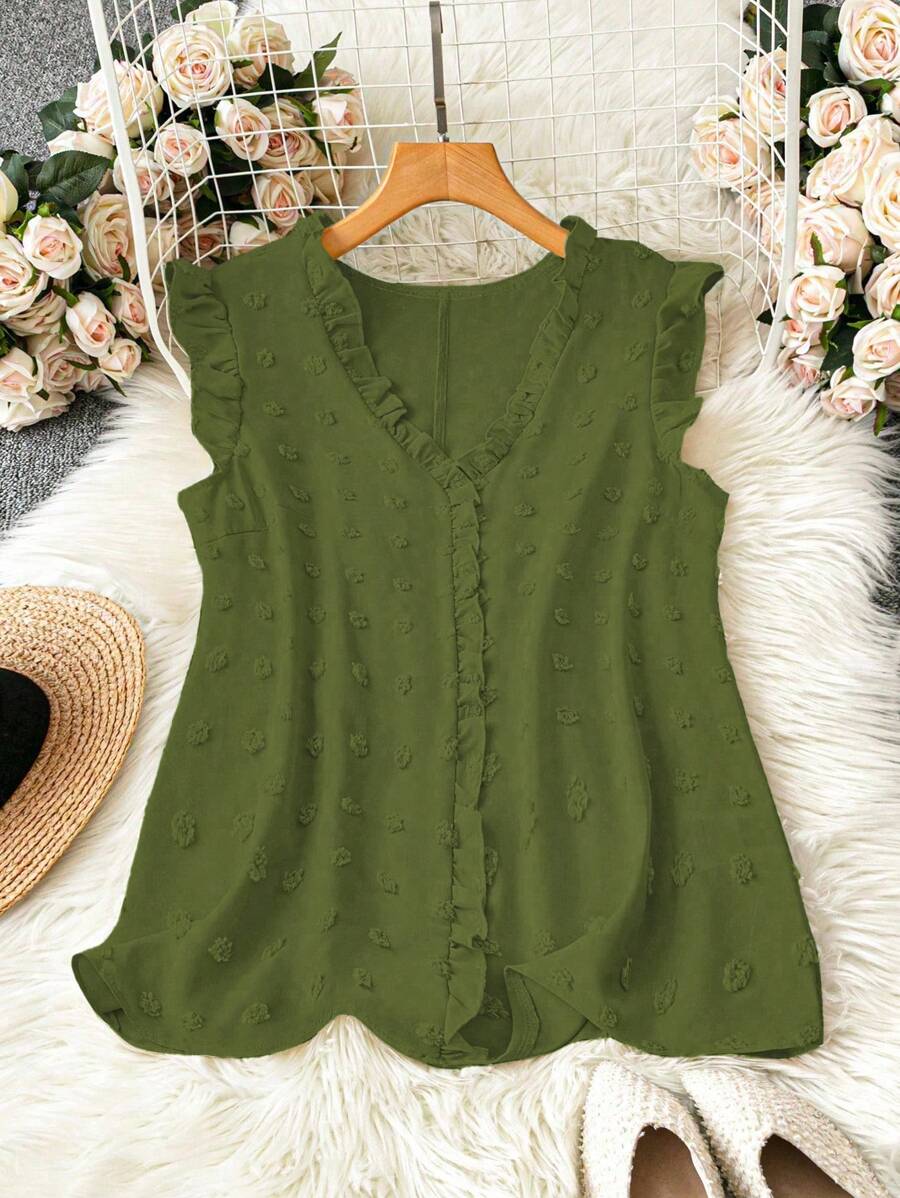 EMERY ROSE Blusa de talla grande para mujer de verano en unicolor con escote en V, adorno de volantes y mangas cortas - Verde militar - Ver 1