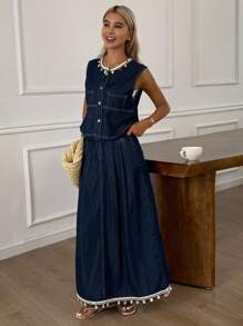 Livesso بذلة مكونة من ملابس علوية أكمام بلا أنقاب للرقبة وتنورة دنيم طويلة - قطعتان للنساء - الأزرق - مشاهدة 6