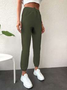 EURMUSE Cotton Ladies Tie-Up Ankle Sweatpants - Army Green - View 4