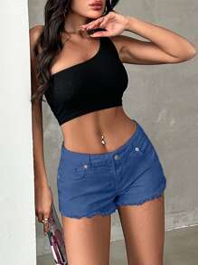 CasuGlow 100%Cotton Solid Color Frayed Hem Denim Shorts - Dusty Blue - View 6