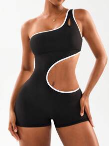 Easithlete Women's Color Block Hollow Out Slim Fit Sleeveless Jumpsuit For Summer Sports One Shoulder Workout Top Activewear Romper Yoga Romper Fitness Romper One Shoulder Jumpsuit - Black - View 4