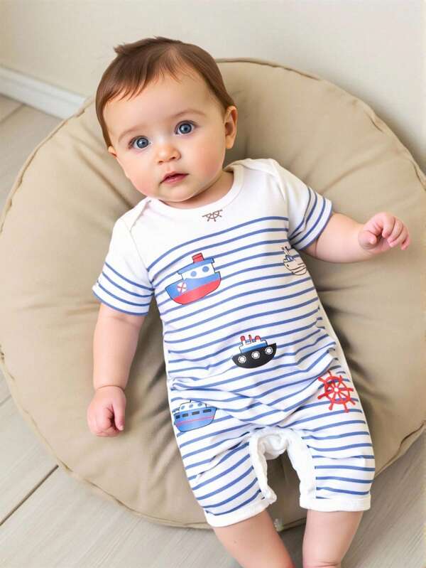 嬰兒男童短袖海洋條紋爬服