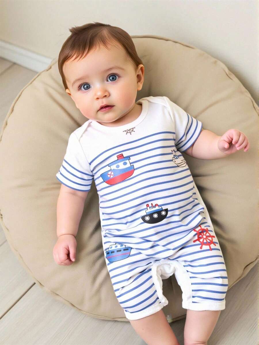 嬰兒男童短袖海洋條紋爬服