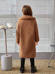 SHEIN Young Girl Casual Coral Fleece Mid-Length Lapel Collar Long Sleeve Coat For Winter