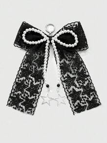 ROMWE Kawaii 1pc Handmade Vintage Goth Style Beaded Keychain/Bag Charm With White Faux Pearl, Black Beads, Hollow Stars, Tulle & Bow, Unique Gift For Women, Girls - Black and White - View 1