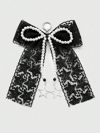 Kawaii 1 pieza Llavero/Colgante de bolso de estilo gótico vintage hecho a mano con perlas falsas blancas, cuentas negras, estrellas huecas, tul y lazo, regalo único para mujeres y niñas