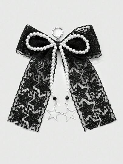 Kawaii 1pc Handmade Vintage Goth Style Beaded Keychain/Bag Charm With White Faux Pearl, Black Beads, Hollow Stars, Tulle & Bow, Unique Gift For Women, Girls