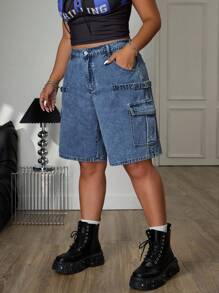 SHEIN ICON Cargo Pocket Tie-Up Detail Print Washed Denim Shorts