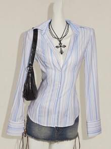 SHEIN ICON Women's Striped Shirt, Vintage Sexy Backstrap Cinched Waist Office Mermaid Style, Avant-Garde - Multicolor - View 2