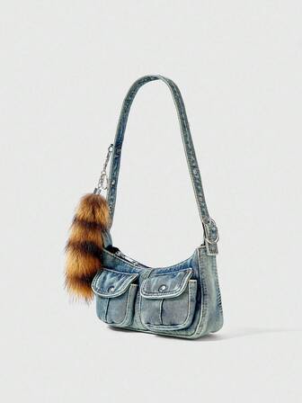 Grunge Punk 1pc Double Pocket Shoulder Bag With Faux Fur Tail Charm, Fashionable Personalized Vacation Style Women Handbag (Includes 1 Bag And 1 Set Of Accessories)