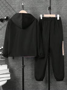 SHEIN 男大童字母圖案雙色帶扣細節連帽夾克和褲子