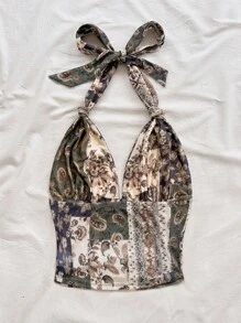 Soleia 秋季休闲女装度假沙滩印花露背吊带上衣波西米亚风佩斯利印花上衣印花上衣系带上衣 - 彩色 - 查看 2