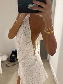 INAWLY Women Polka Dot Print Backless Mini Halter Dress - White - View 3