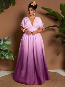 大码女式优雅渐变色印花系带蝴蝶结 V 领 A 字型超长连衣裙，配有短袖，百搭设计，适合外出、海滩、音乐节、春夏季 - 彩色 - 查看 7