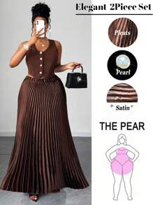 Maweii Conjunto de 2 piezas con chaleco sin mangas de diseño plisado elegante y falda, diseño versátil para mujer talla grande, nuevo para primavera/verano 2025 - Multicolor - Ver 4