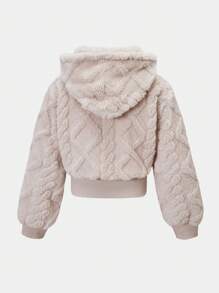 1 Pc Girls Hooded Long Sleeve Zipper Front Short Knit Mottled Jacket, Autumn Fall Winter